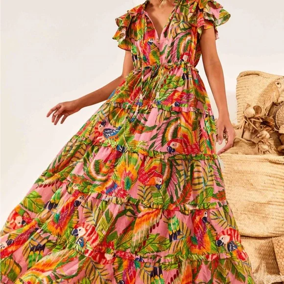FARM Rio Green and Orange Resort Maxi Dress with Ruffled Tiers - Picture 1 of 5
